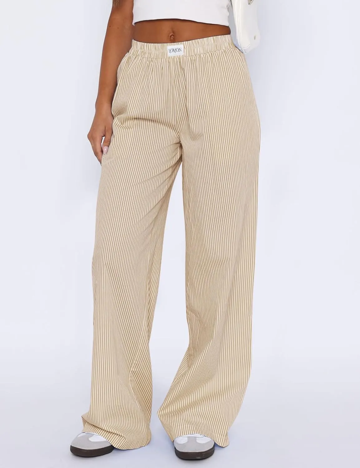 LOMON Women's Striped Gingham Boxer Pants Cotton Pajama Lounge Pj Casual Plaid Trousers Y2K Beach Bottoms with Pockets