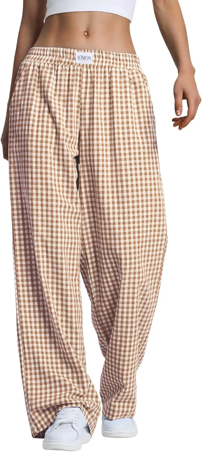 LOMON Women's Striped Gingham Boxer Pants Cotton Pajama Lounge Pj Casual Plaid Trousers Y2K Beach Bottoms with Pockets