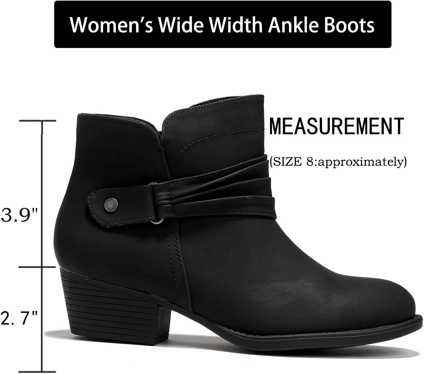 Luoika Women's Wide Width Ankle Boots - Black Brown Short Boots Block Low Heel Side Zipper Booties.