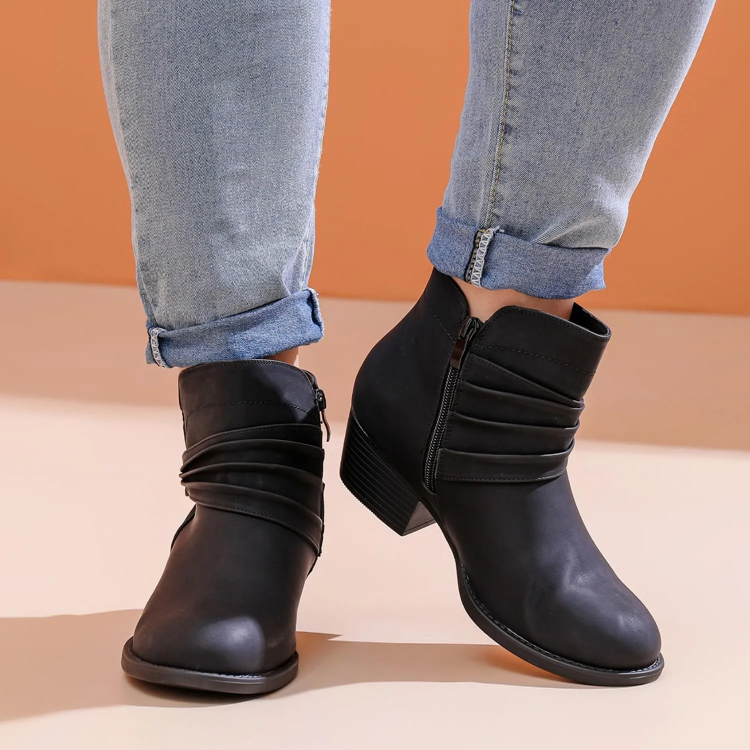 Luoika Women's Wide Width Ankle Boots - Black Brown Short Boots Block Low Heel Side Zipper Booties.