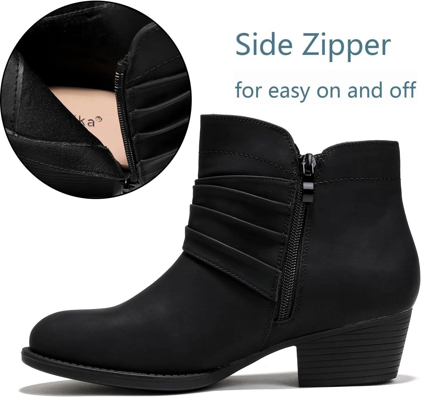 Luoika Women's Wide Width Ankle Boots - Black Brown Short Boots Block Low Heel Side Zipper Booties.
