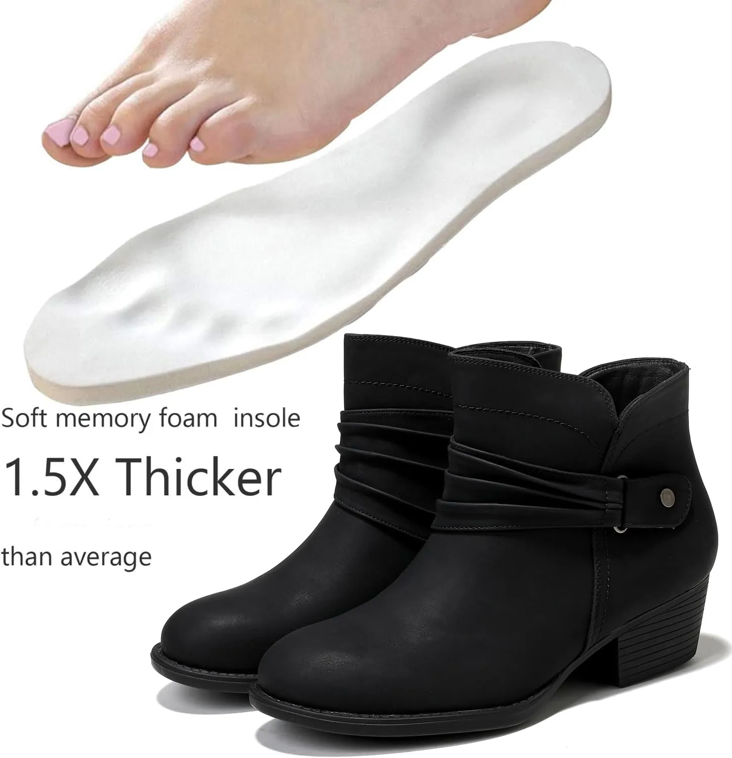 Luoika Women's Wide Width Ankle Boots - Black Brown Short Boots Block Low Heel Side Zipper Booties.
