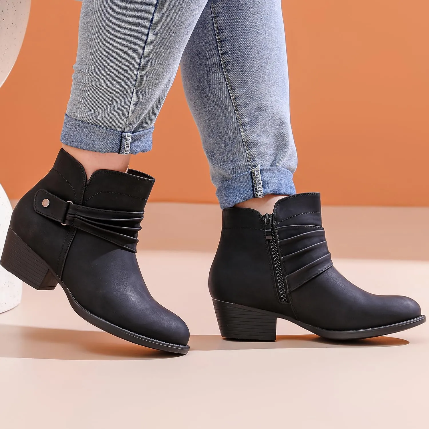 Luoika Women's Wide Width Ankle Boots - Black Brown Short Boots Block Low Heel Side Zipper Booties.