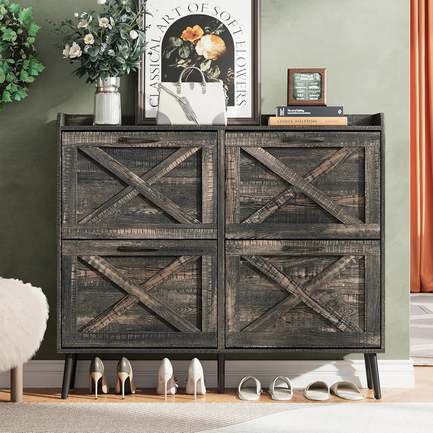 Maupvit Large Shoe Cabinet with 4 Flip Drawers, Freestanding Shoe Cabinet Organizer with Metal Drawer Bracket, Shoes Storage Cabinet for Entryway, Narrow Shoe Rack Cabinet,5Sturdy Legs,Dark Rustic Oak
