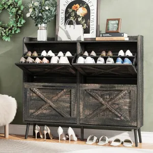 Maupvit Large Shoe Cabinet with 4 Flip Drawers, Freestanding Shoe Cabinet Organizer with Metal Drawer Bracket, Shoes Storage Cabinet for Entryway, Narrow Shoe Rack Cabinet,5Sturdy Legs,Dark Rustic Oak