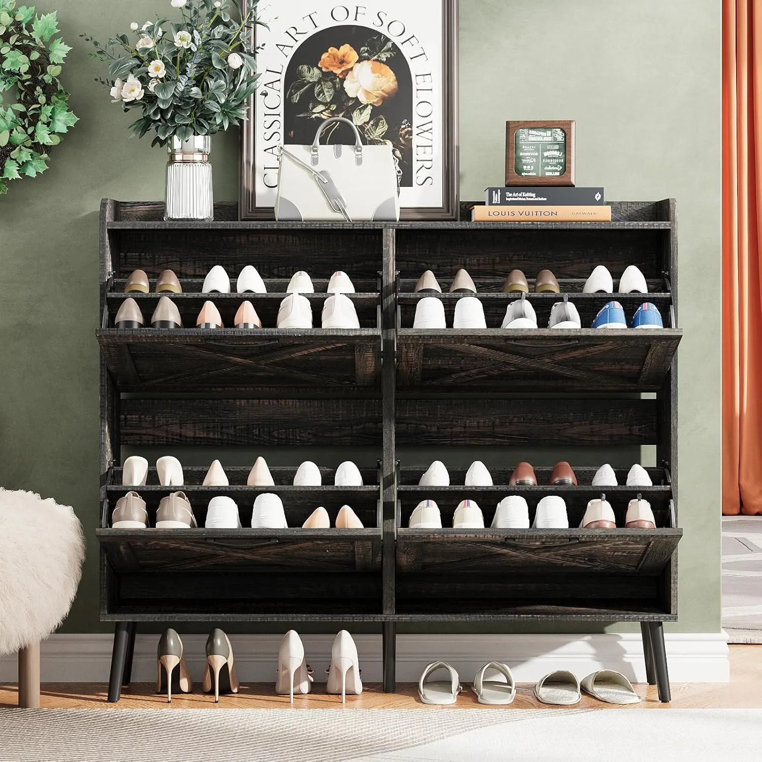 Maupvit Large Shoe Cabinet with 4 Flip Drawers, Freestanding Shoe Cabinet Organizer with Metal Drawer Bracket, Shoes Storage Cabinet for Entryway, Narrow Shoe Rack Cabinet,5Sturdy Legs,Dark Rustic Oak