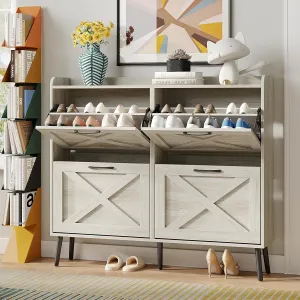 Maupvit Large Shoe Storage Cabinet with 4 Flip Drawers, Freestanding Shoe Organizer with Metal Drawer Hinges for Entryway, Narrow Shoe Rack Cabinet, 5 Sturdy Wooden Legs, Beige