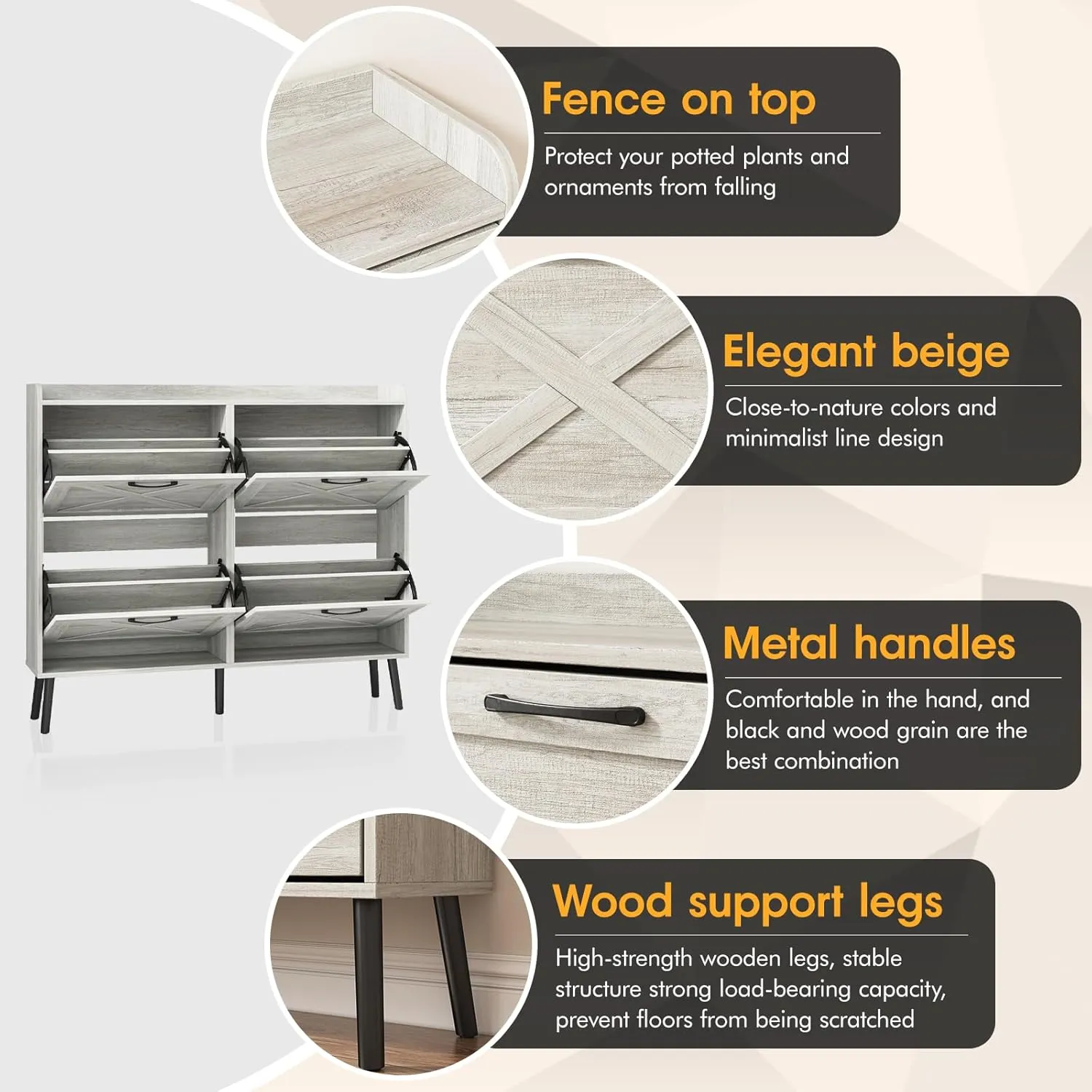 Maupvit Large Shoe Storage Cabinet with 4 Flip Drawers, Freestanding Shoe Organizer with Metal Drawer Hinges for Entryway, Narrow Shoe Rack Cabinet, 5 Sturdy Wooden Legs, Beige