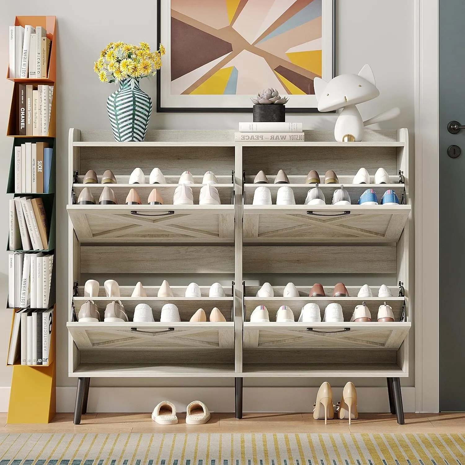 Maupvit Large Shoe Storage Cabinet with 4 Flip Drawers, Freestanding Shoe Organizer with Metal Drawer Hinges for Entryway, Narrow Shoe Rack Cabinet, 5 Sturdy Wooden Legs, Beige