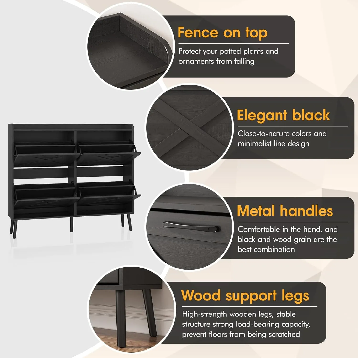 Maupvit Large Shoe Storage Cabinet with 4 Flip Drawers, Freestanding Shoe Organizer with Metal Drawer Hinges for Entryway, Narrow Shoe Rack Cabinet, 5 Sturdy Wooden Legs, Black