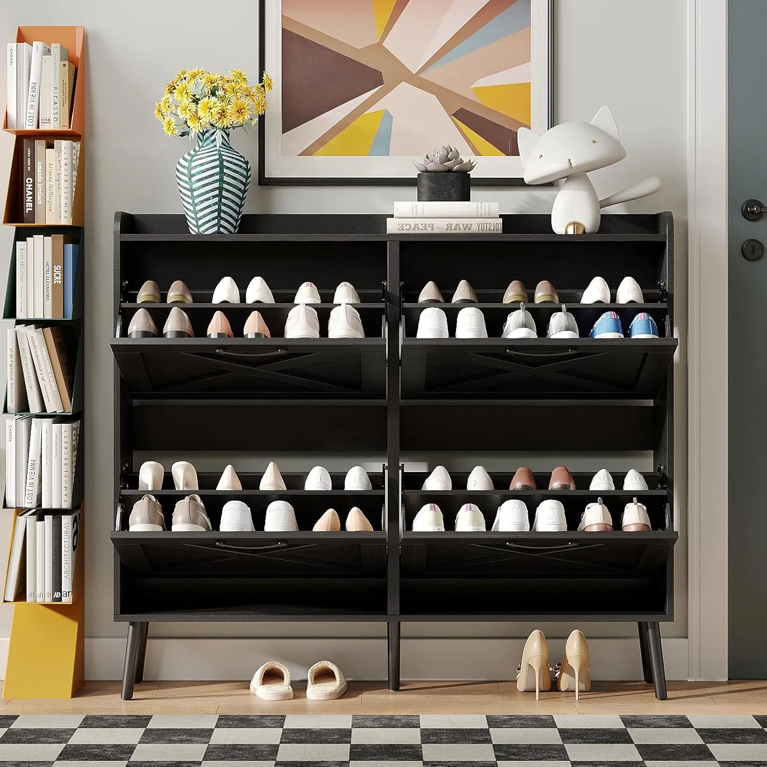 Maupvit Large Shoe Storage Cabinet with 4 Flip Drawers, Freestanding Shoe Organizer with Metal Drawer Hinges for Entryway, Narrow Shoe Rack Cabinet, 5 Sturdy Wooden Legs, Black