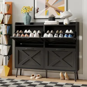 Maupvit Large Shoe Storage Cabinet with 4 Flip Drawers, Freestanding Shoe Organizer with Metal Drawer Hinges for Entryway, Narrow Shoe Rack Cabinet, 5 Sturdy Wooden Legs, Black