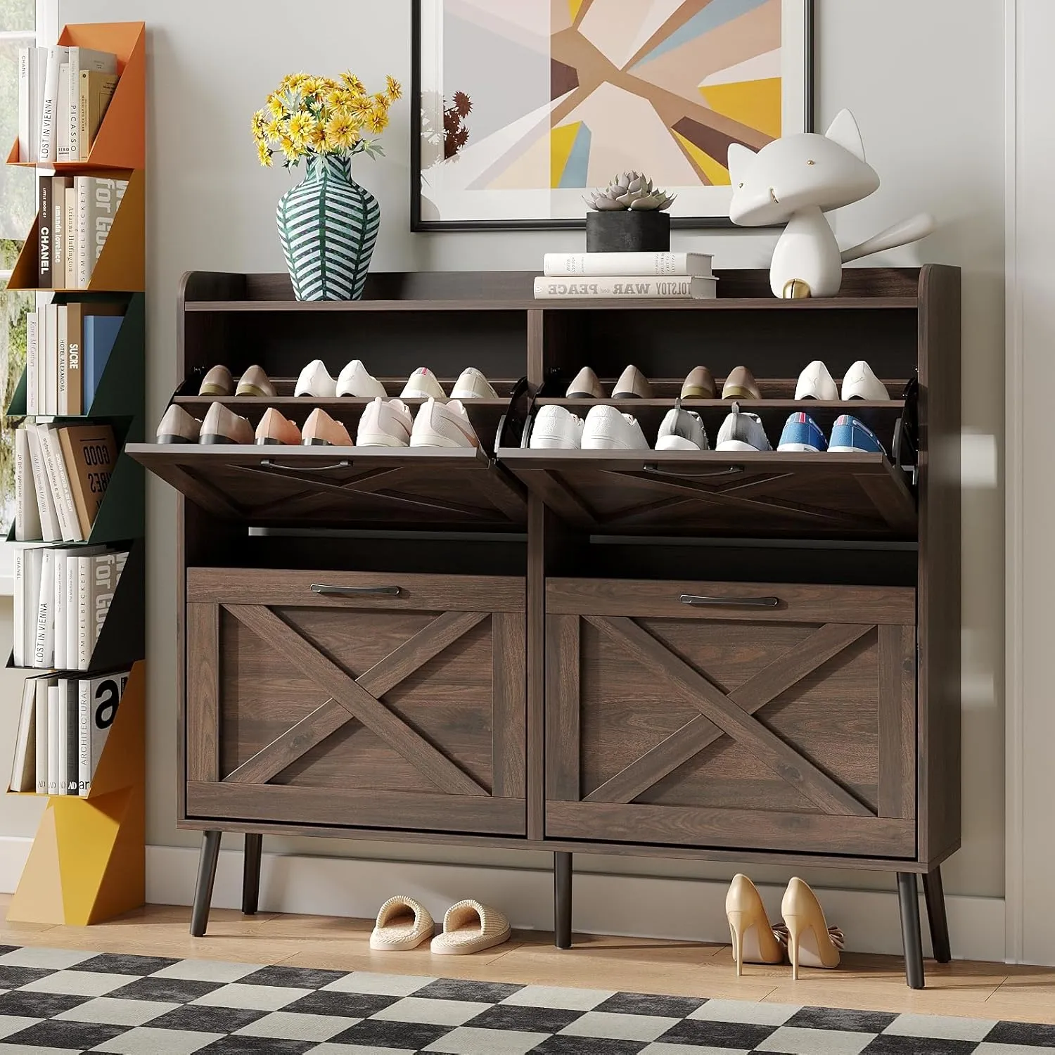 Maupvit Large Shoe Storage Cabinet with 4 Flip Drawers, Freestanding Shoe Organizer with Metal Drawer Hinges for Entryway, Narrow Shoe Rack Cabinet, 5 Sturdy Wooden Legs, Dark Walnut