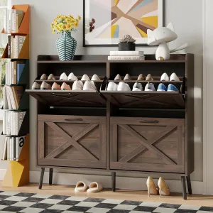Maupvit Large Shoe Storage Cabinet with 4 Flip Drawers, Freestanding Shoe Organizer with Metal Drawer Hinges for Entryway, Narrow Shoe Rack Cabinet, 5 Sturdy Wooden Legs, Dark Walnut