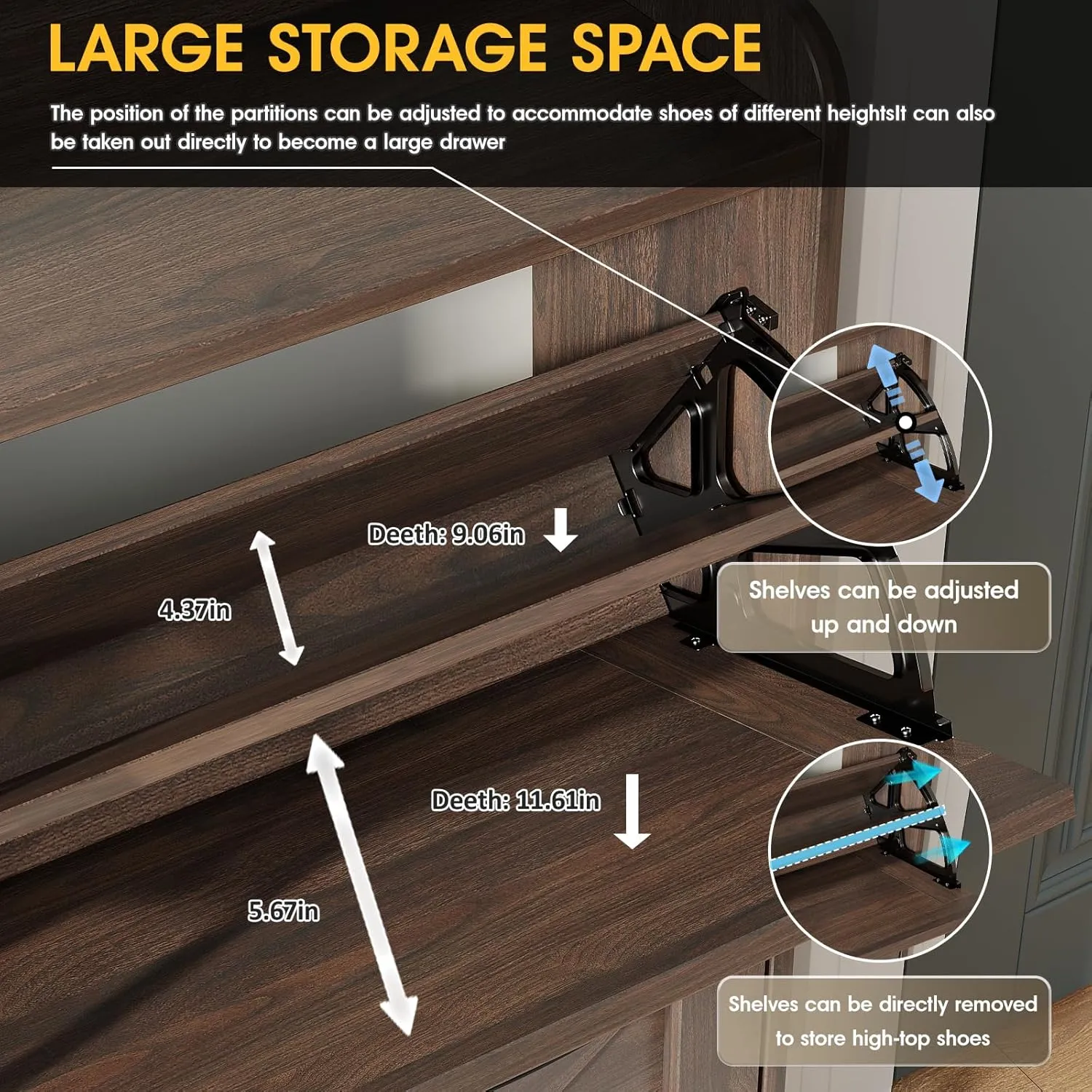 Maupvit Large Shoe Storage Cabinet with 4 Flip Drawers, Freestanding Shoe Organizer with Metal Drawer Hinges for Entryway, Narrow Shoe Rack Cabinet, 5 Sturdy Wooden Legs, Dark Walnut