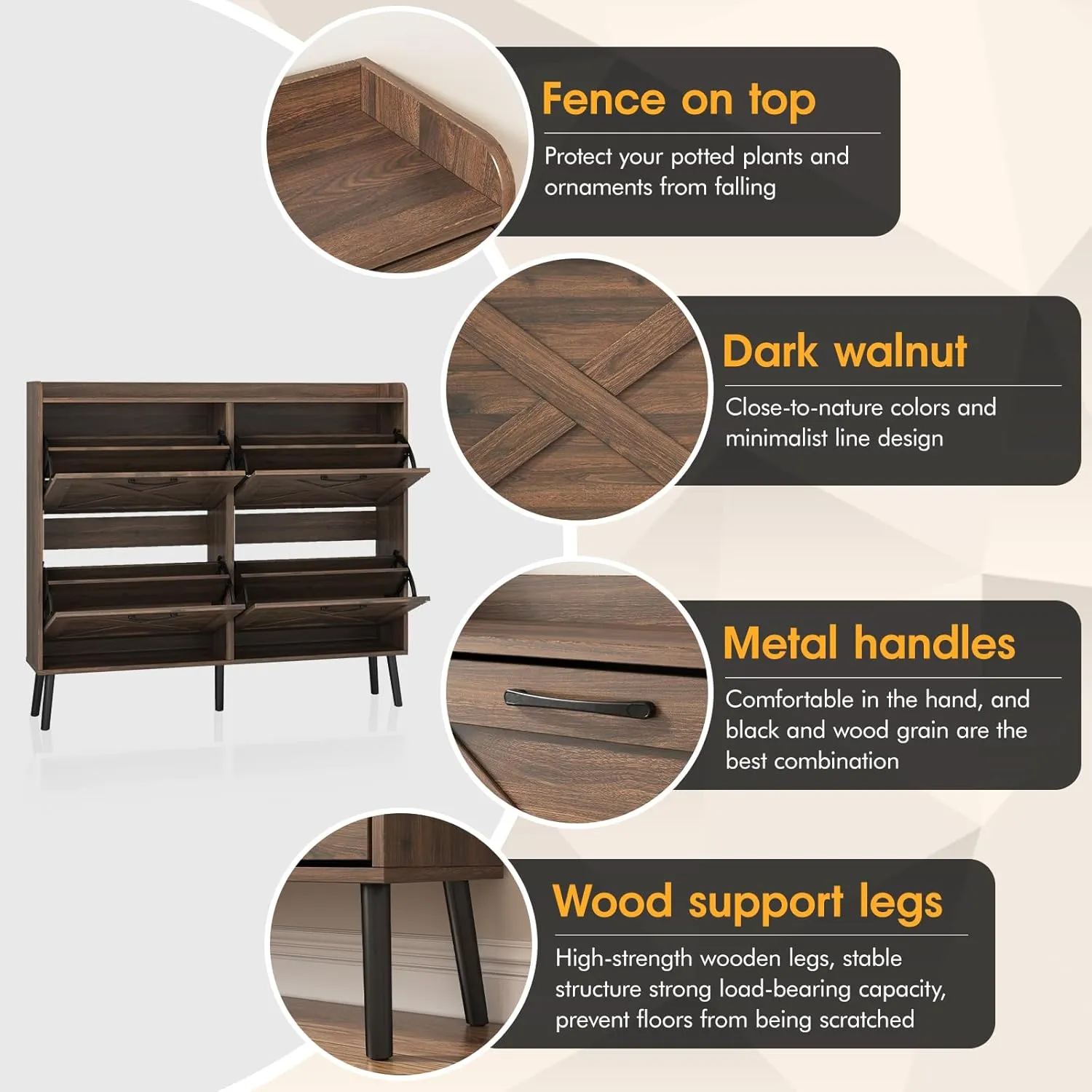 Maupvit Large Shoe Storage Cabinet with 4 Flip Drawers, Freestanding Shoe Organizer with Metal Drawer Hinges for Entryway, Narrow Shoe Rack Cabinet, 5 Sturdy Wooden Legs, Dark Walnut