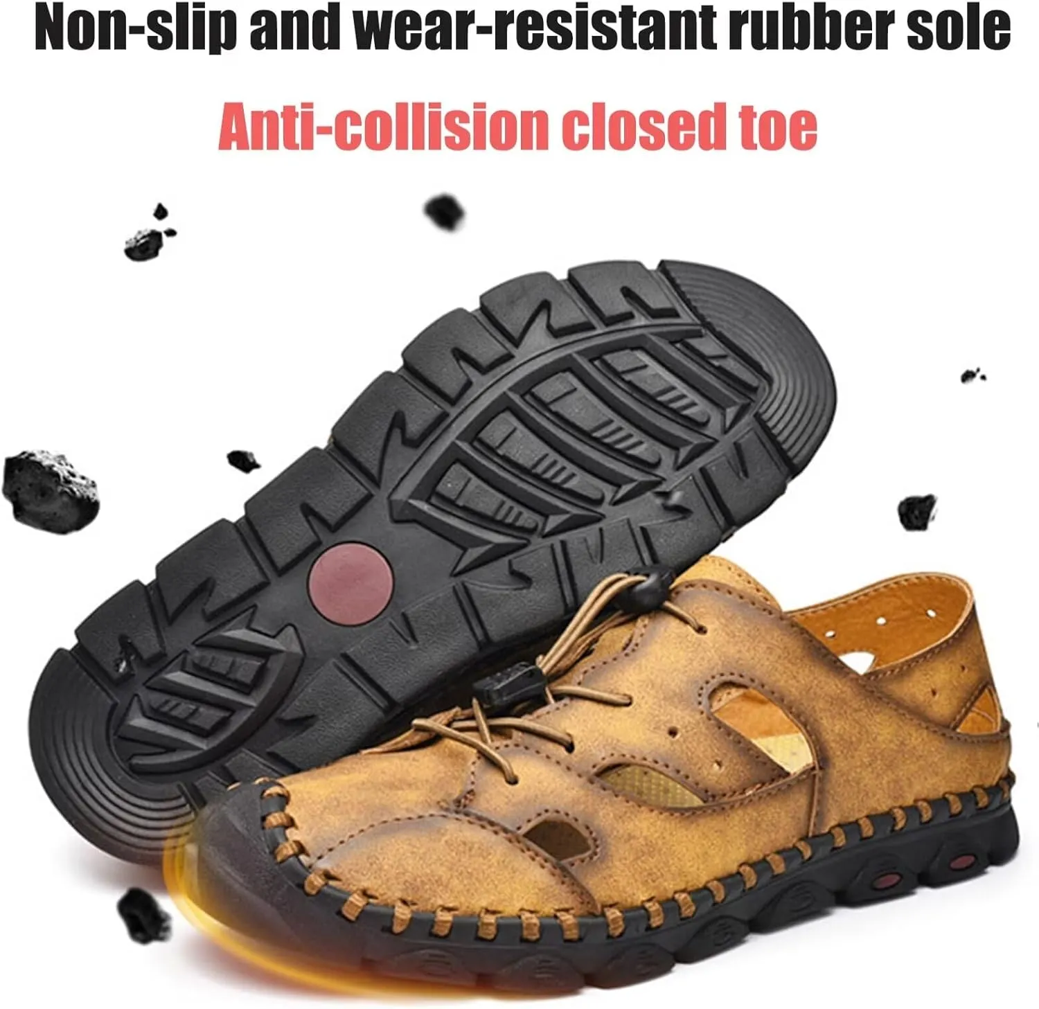 Men Sandals Closed Toe Hiking Sandals Waterproof Leather Fisherman Walking Sandals Summer Beach Shoes Athletic Sandals