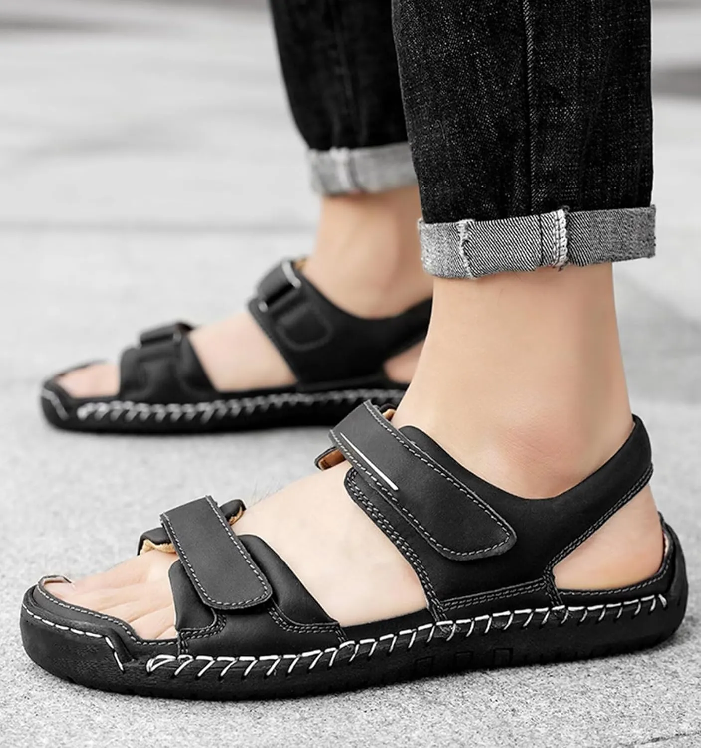 Mens Casual Leather Sandals Beach Shoes Summer Sandals for Hiking Trekking Walking Outdoor Sandals