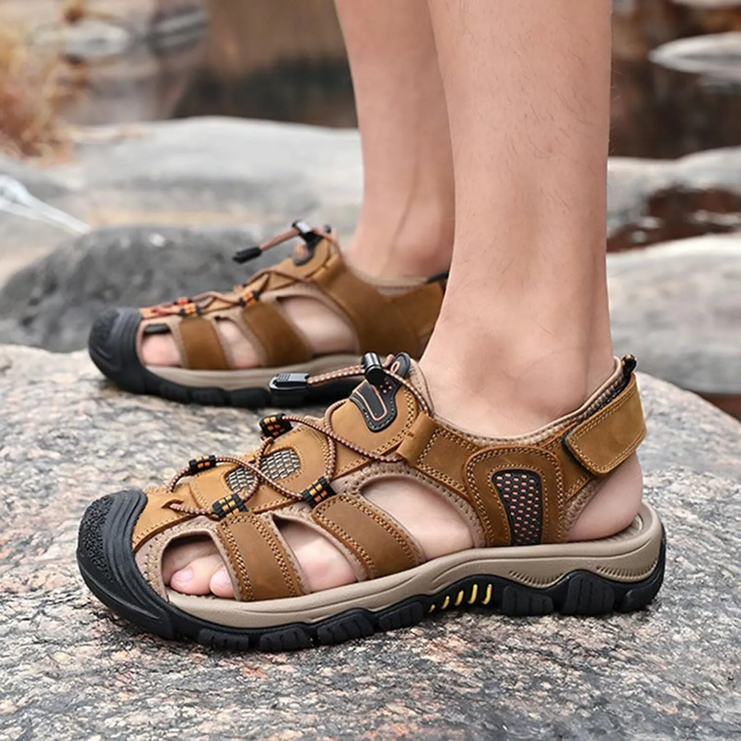 Men's Closed Toe Comfortable Leather Water Sandals for Hiking Fishing Walking Summer Beach Fisherman Sandals