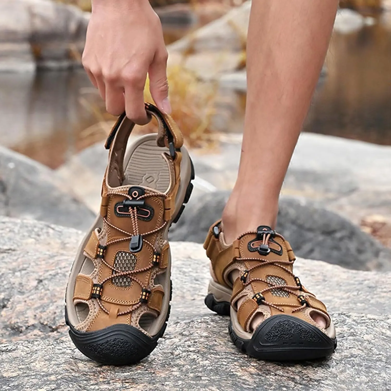 Men's Closed Toe Comfortable Leather Water Sandals for Hiking Fishing Walking Summer Beach Fisherman Sandals