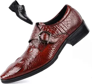 Men's Crocodile Print Oxford Shoes,Comfort Slip on Dress Loafers Monk Strap,Vintage Fashion Pointed Toe Buckle Chunky Formal Leather Shoes