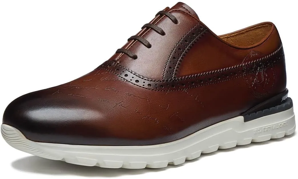 Men's Dress Sneakers Genuine Itailian Cowhide Leather Casual Shoes Brogue Running Oxfords with XL Extralight Sole