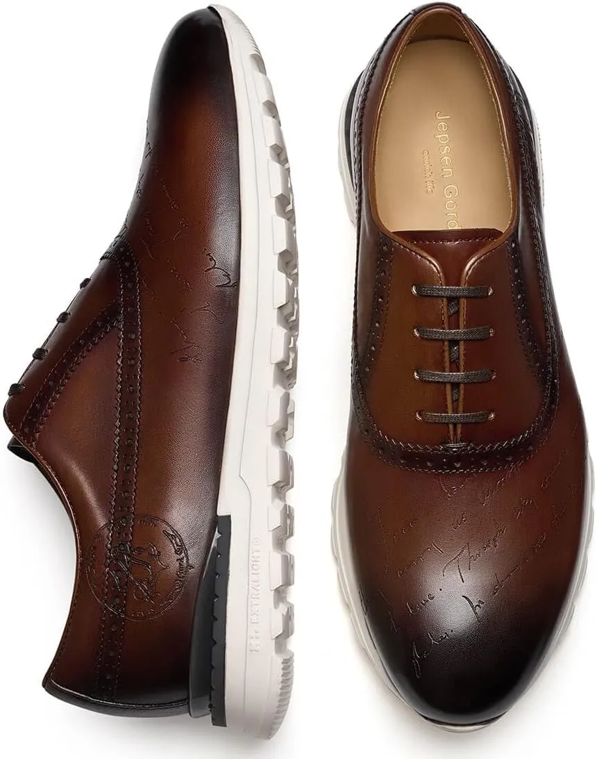 Men's Dress Sneakers Genuine Itailian Cowhide Leather Casual Shoes Brogue Running Oxfords with XL Extralight Sole