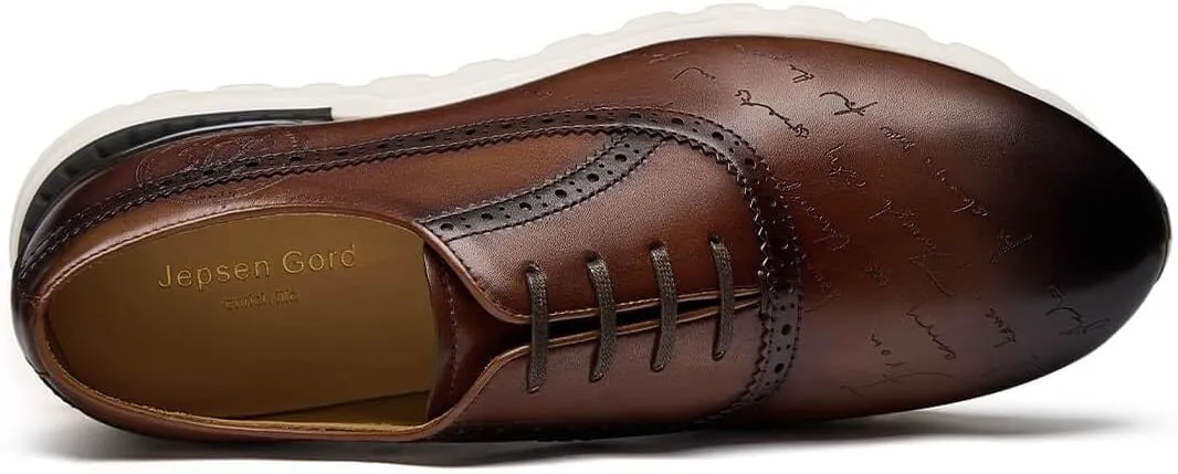 Men's Dress Sneakers Genuine Itailian Cowhide Leather Casual Shoes Brogue Running Oxfords with XL Extralight Sole