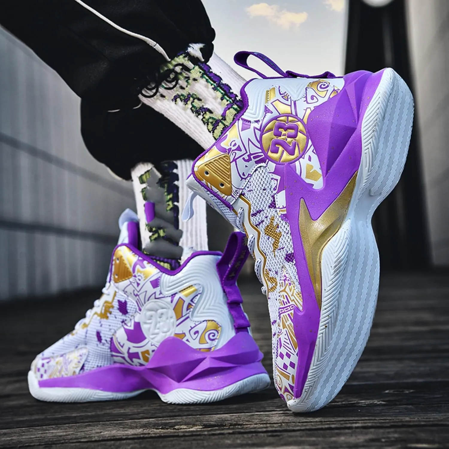 Men's High Top Basketball Shoes with Graffiti Style Breathable Mesh and Cushioned Midsole, Suitable for Indoor/Outdoor Wear