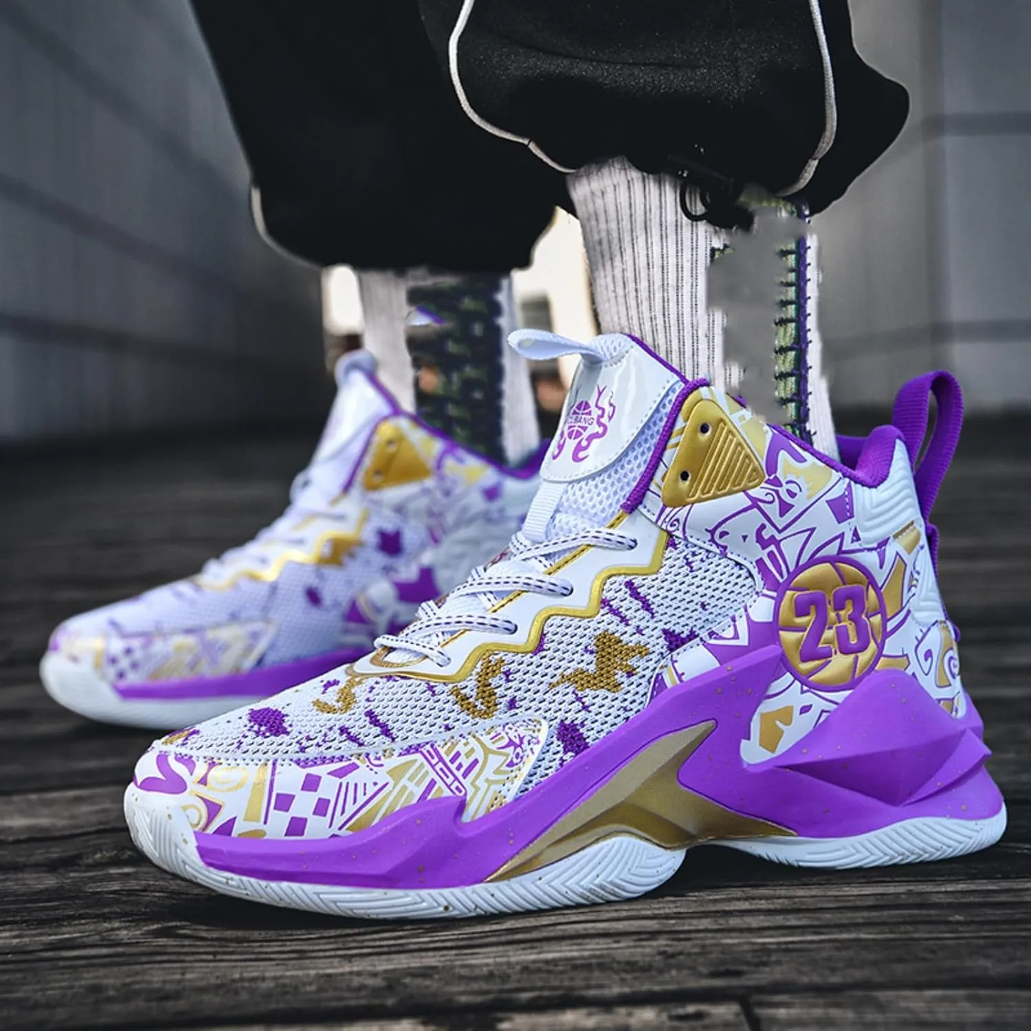 Men's High Top Basketball Shoes with Graffiti Style Breathable Mesh and Cushioned Midsole, Suitable for Indoor/Outdoor Wear