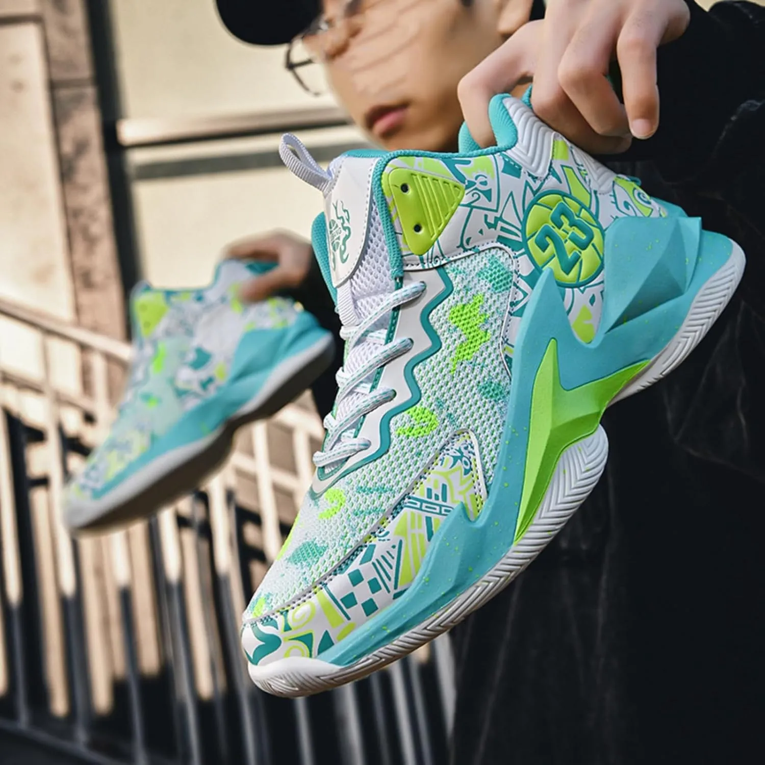 Men's High Top Basketball Shoes with Graffiti Style Breathable Mesh and Cushioned Midsole, Suitable for Indoor/Outdoor Wear
