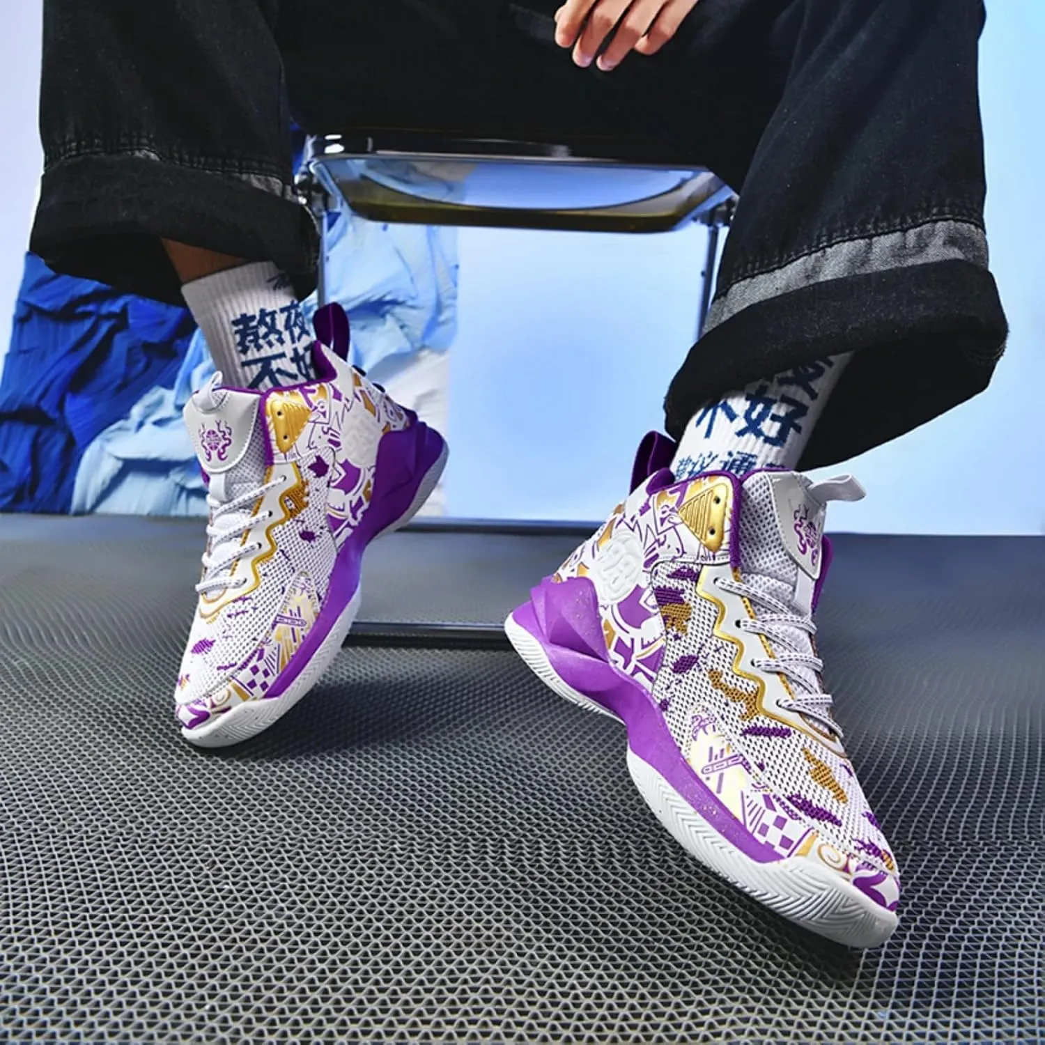 Men's High Top Basketball Shoes with Graffiti Style Breathable Mesh and Cushioned Midsole, Suitable for Indoor/Outdoor Wear