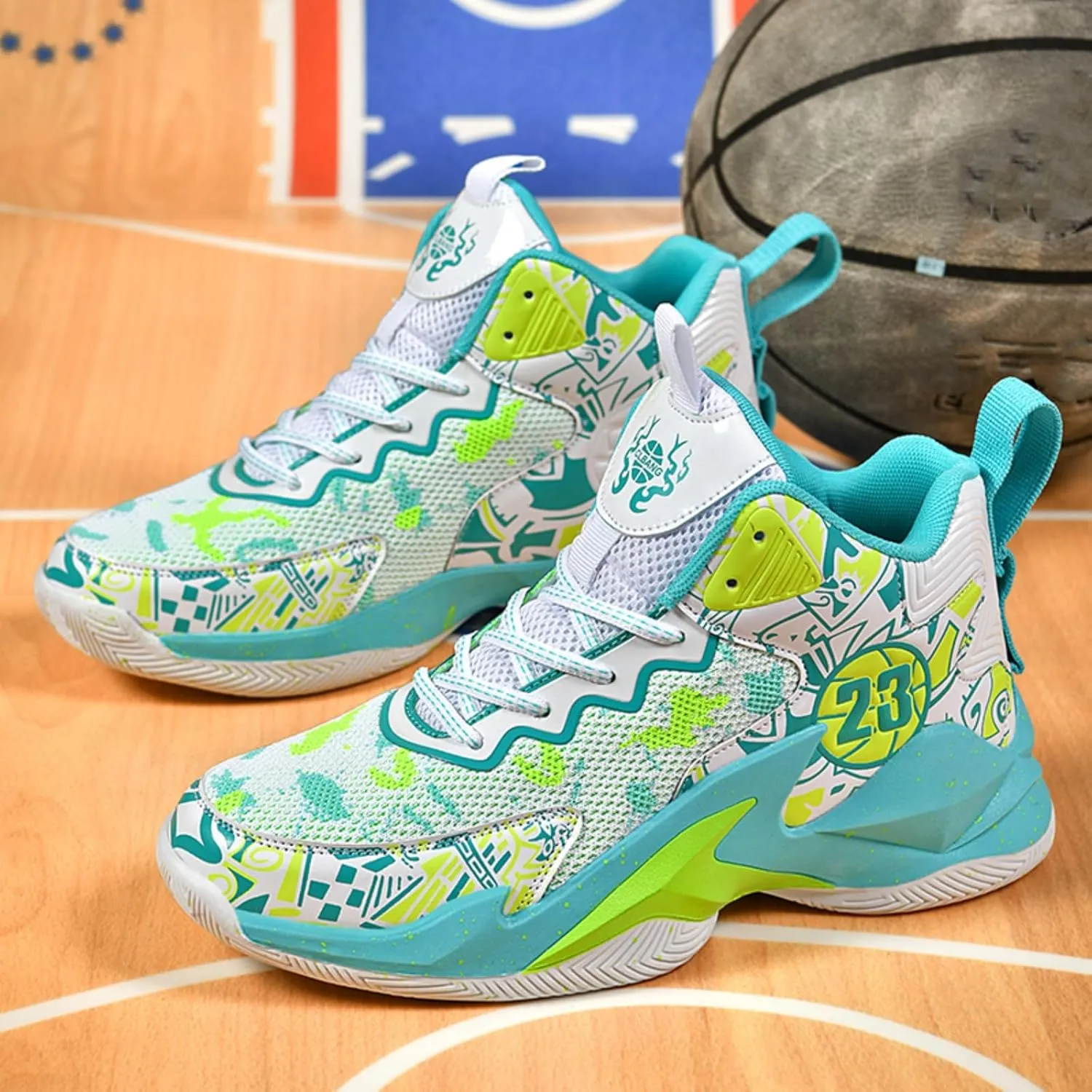 Men's High Top Basketball Shoes with Graffiti Style Breathable Mesh and Cushioned Midsole, Suitable for Indoor/Outdoor Wear