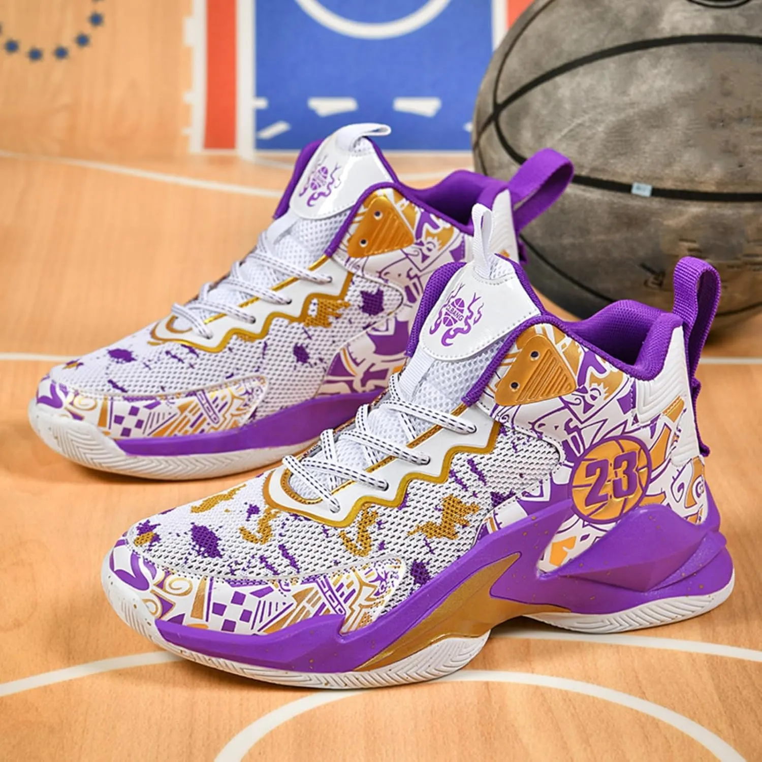 Men's High Top Basketball Shoes with Graffiti Style Breathable Mesh and Cushioned Midsole, Suitable for Indoor/Outdoor Wear