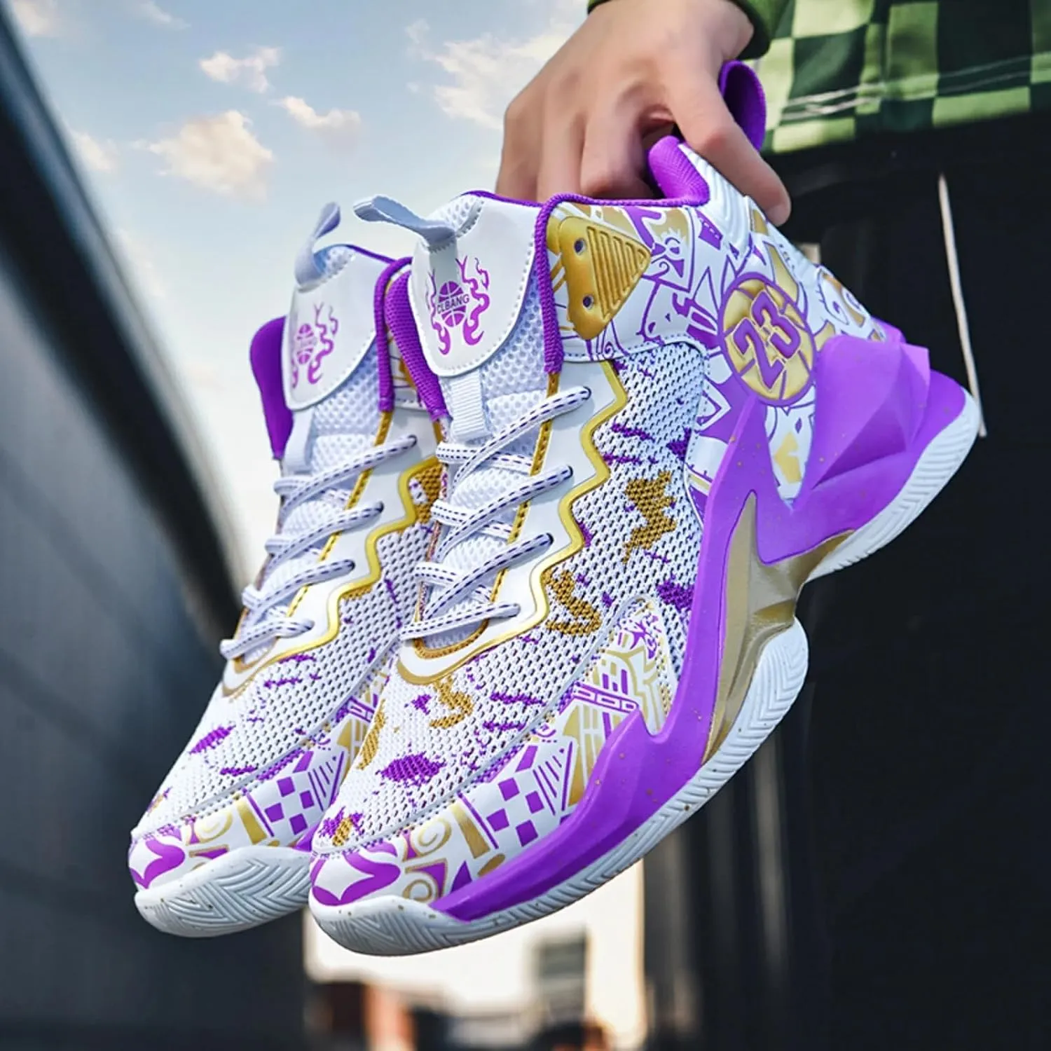 Men's High Top Basketball Shoes with Graffiti Style Breathable Mesh and Cushioned Midsole, Suitable for Indoor/Outdoor Wear