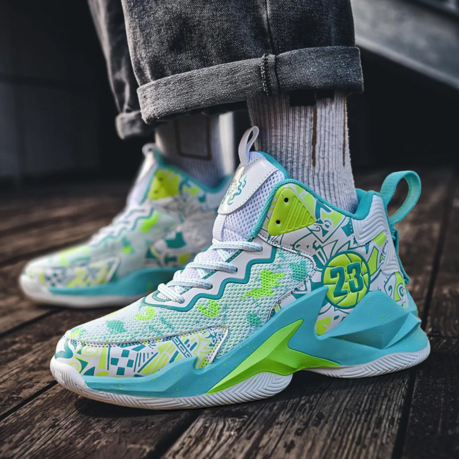 Men's High Top Basketball Shoes with Graffiti Style Breathable Mesh and Cushioned Midsole, Suitable for Indoor/Outdoor Wear