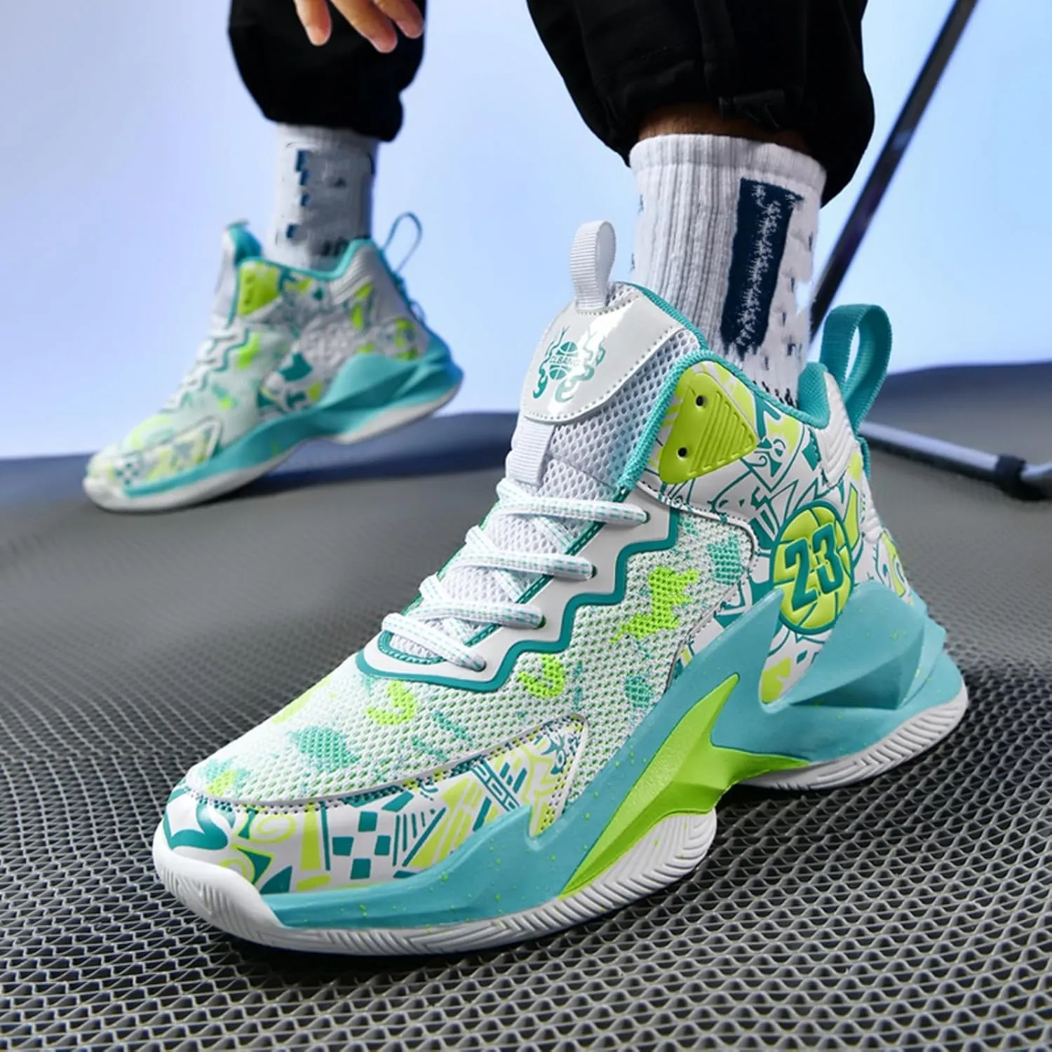 Men's High Top Basketball Shoes with Graffiti Style Breathable Mesh and Cushioned Midsole, Suitable for Indoor/Outdoor Wear