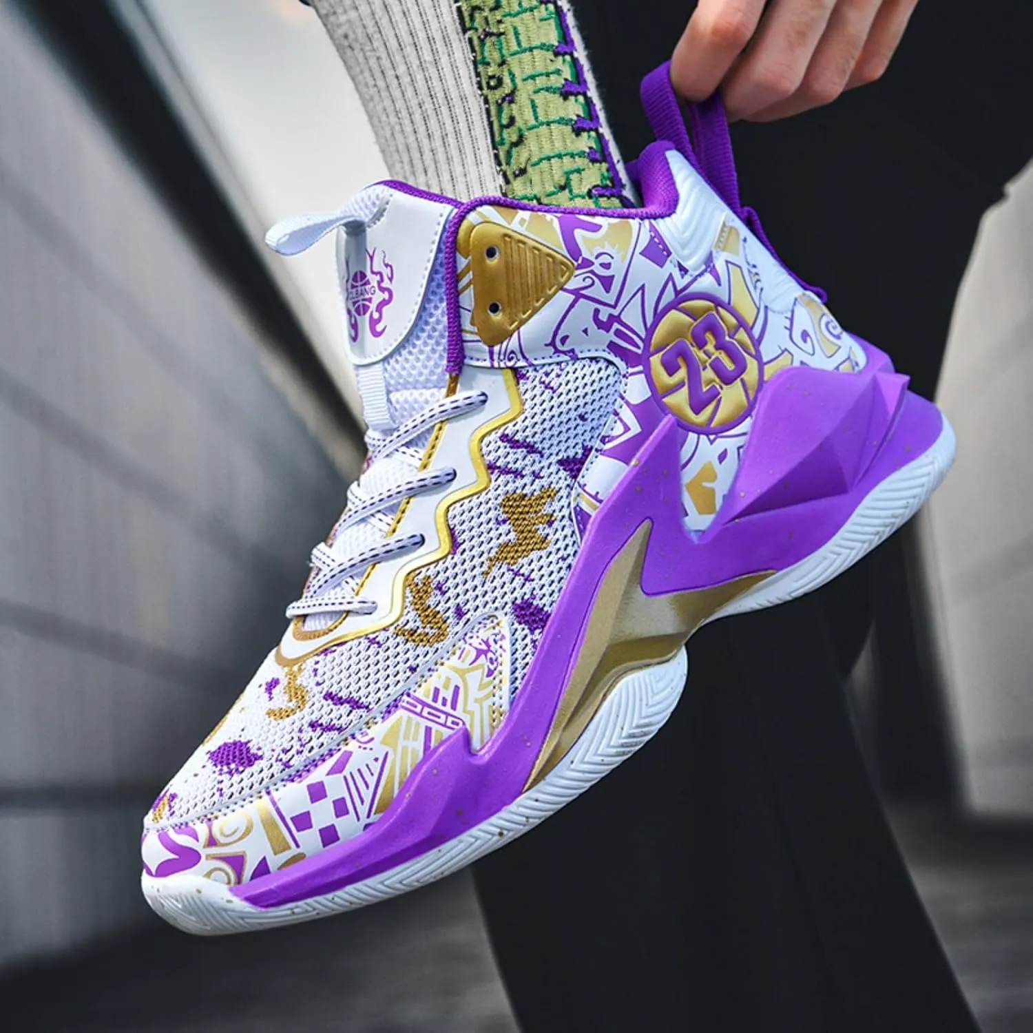 Men's High Top Basketball Shoes with Graffiti Style Breathable Mesh and Cushioned Midsole, Suitable for Indoor/Outdoor Wear