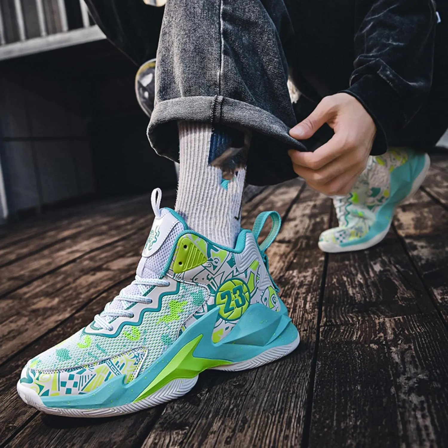 Men's High Top Basketball Shoes with Graffiti Style Breathable Mesh and Cushioned Midsole, Suitable for Indoor/Outdoor Wear