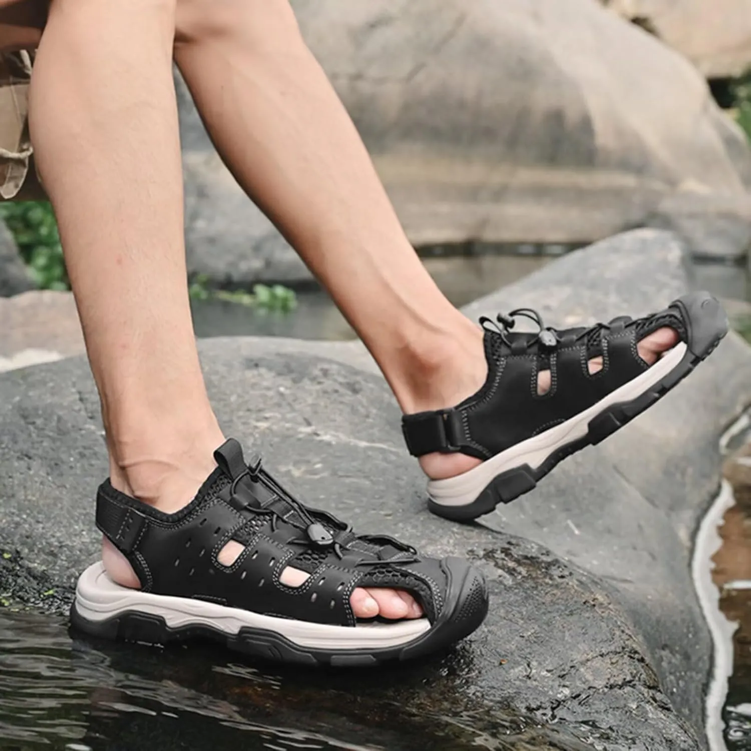 Mens Hiking Sandals Closed Toe Athletic Sport Fisherman Sandals Leather Trail Walking Casual Summer Beach Water Shoes
