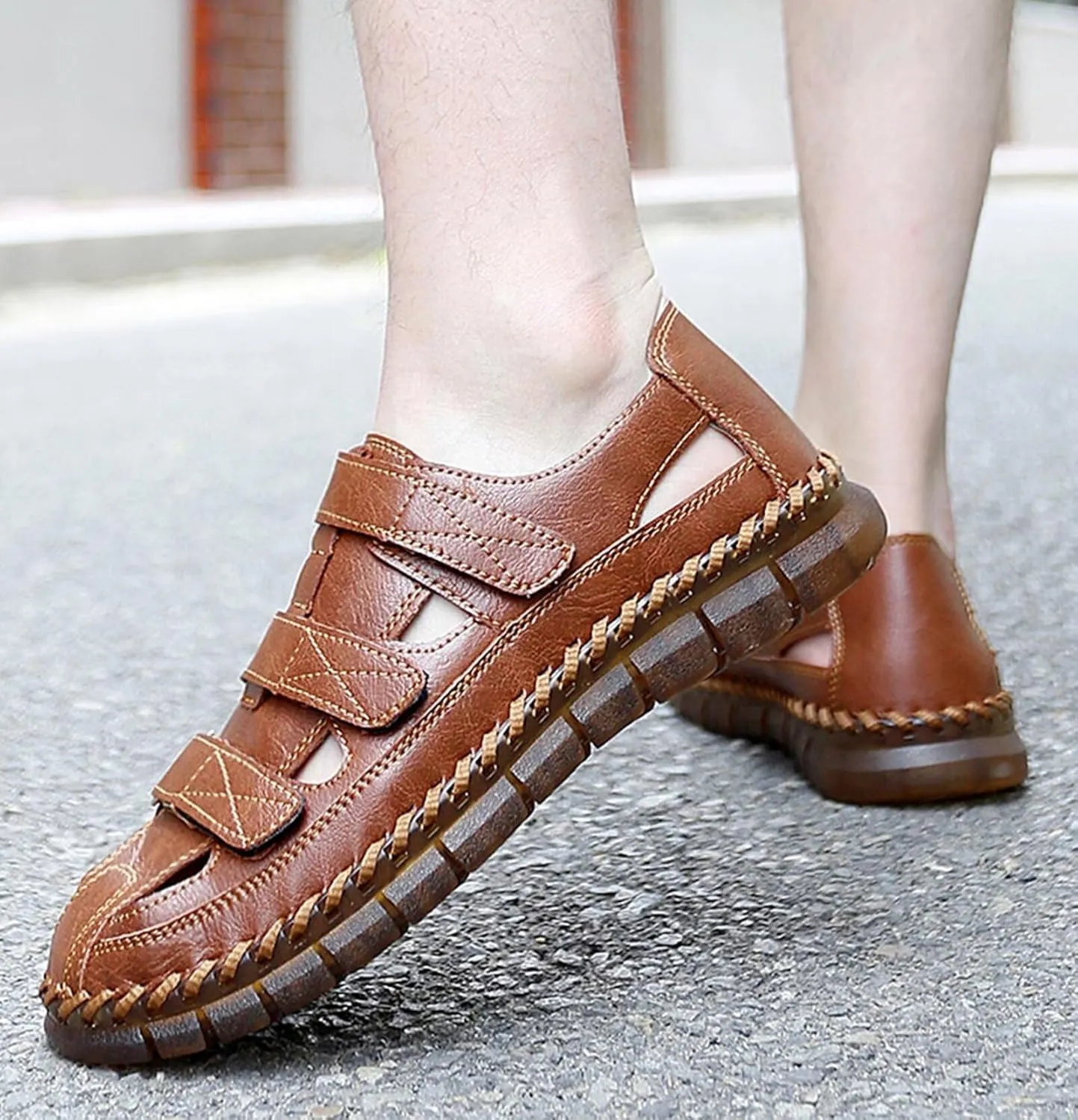 Mens Leather Hiking Sandals Closed Toe Walking Sandals Water Sandals Sports Outdoor Trekking Athletic Summer Beach Shoes