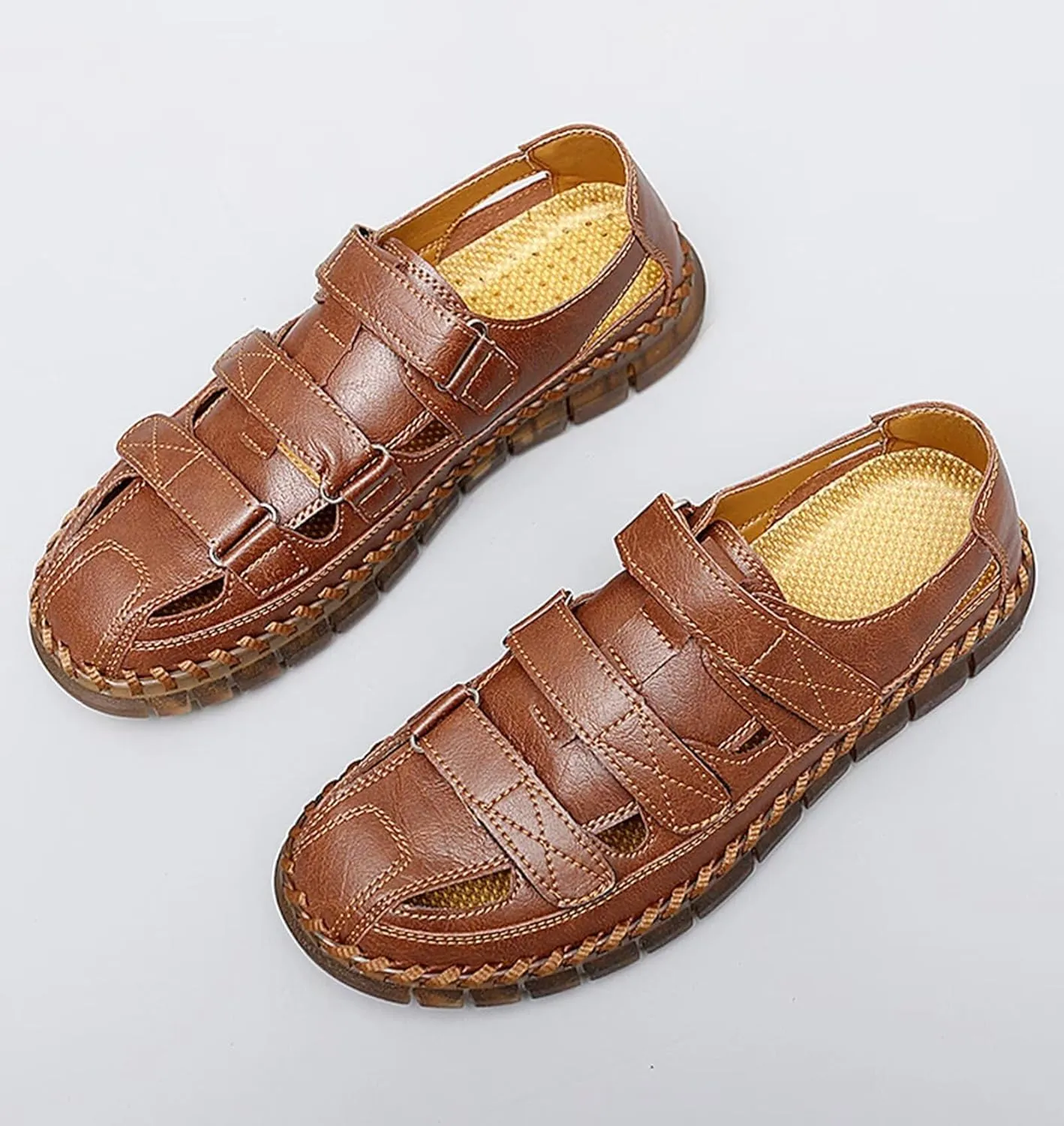 Mens Leather Hiking Sandals Closed Toe Walking Sandals Water Sandals Sports Outdoor Trekking Athletic Summer Beach Shoes