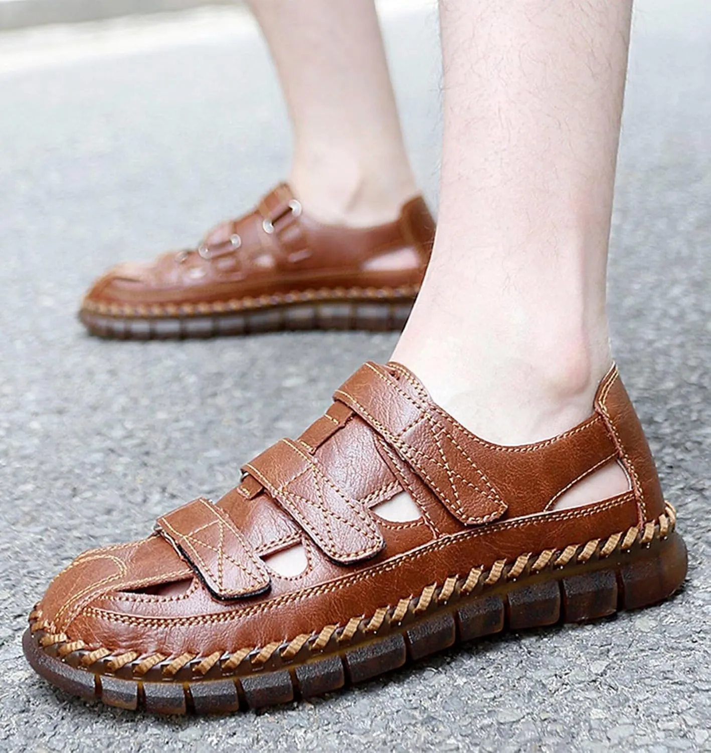 Mens Leather Hiking Sandals Closed Toe Walking Sandals Water Sandals Sports Outdoor Trekking Athletic Summer Beach Shoes