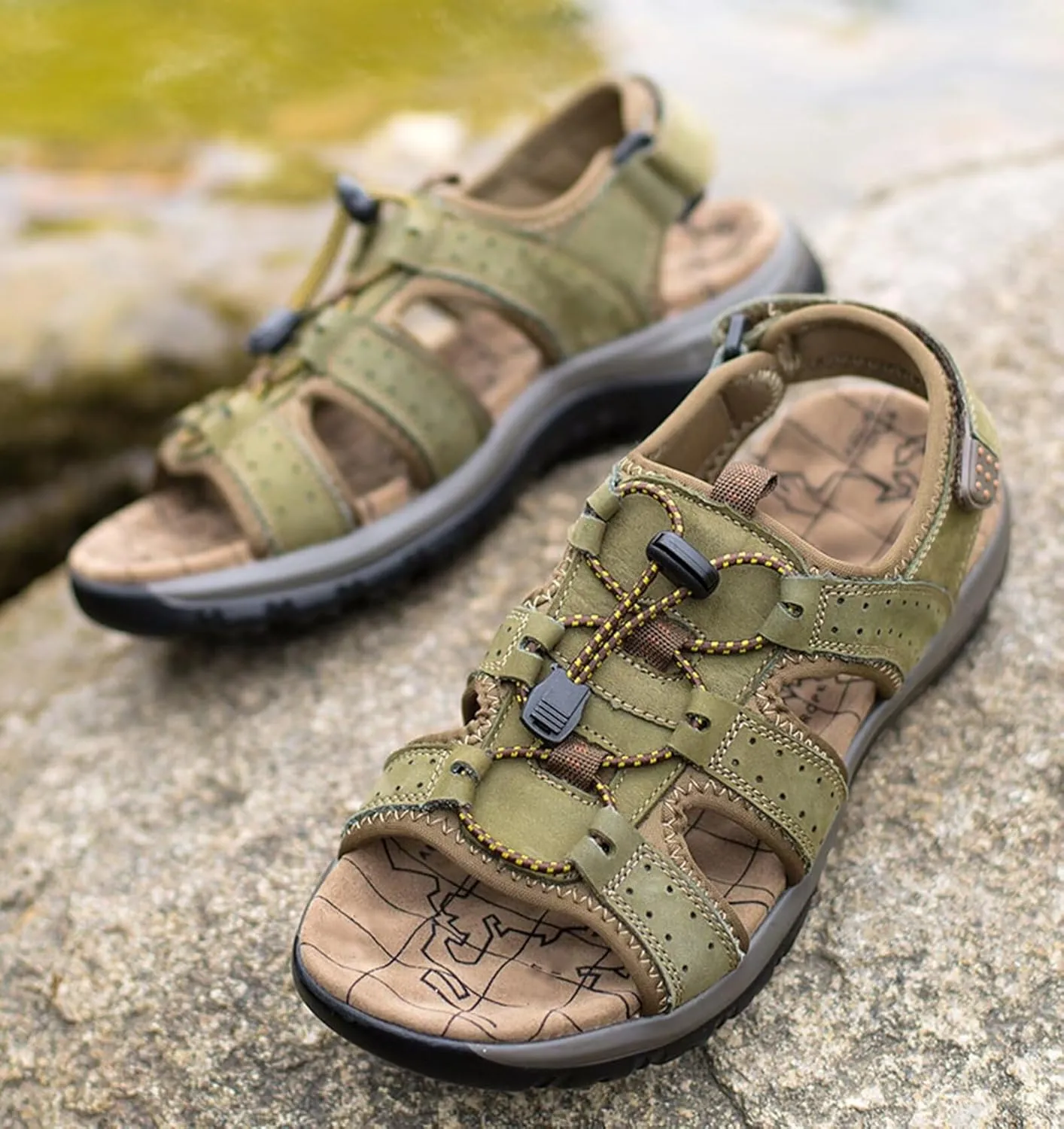 Mens Leather Outdoor Summer Sandals Waterproof Walking Hiking Sandals Fisherman Sandals