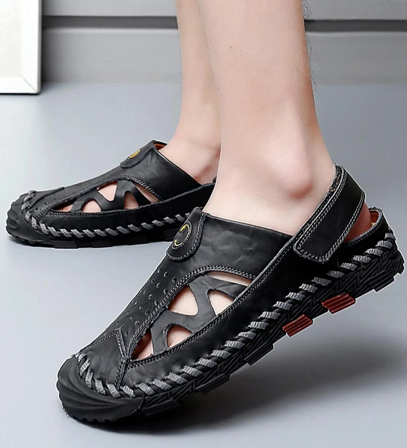 Mens Leather Sandals Casual Fisherman Sandals Summer Closed Toe Sandals for Trekking Hiking Walking Beach