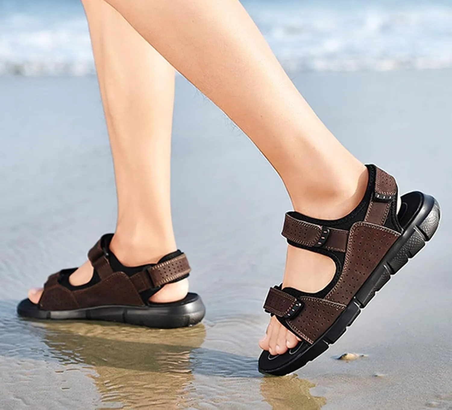 Men's Leather Sandals Summer Open Toe Outdoor Walking Hiking Sandals Casual Beach Sandals