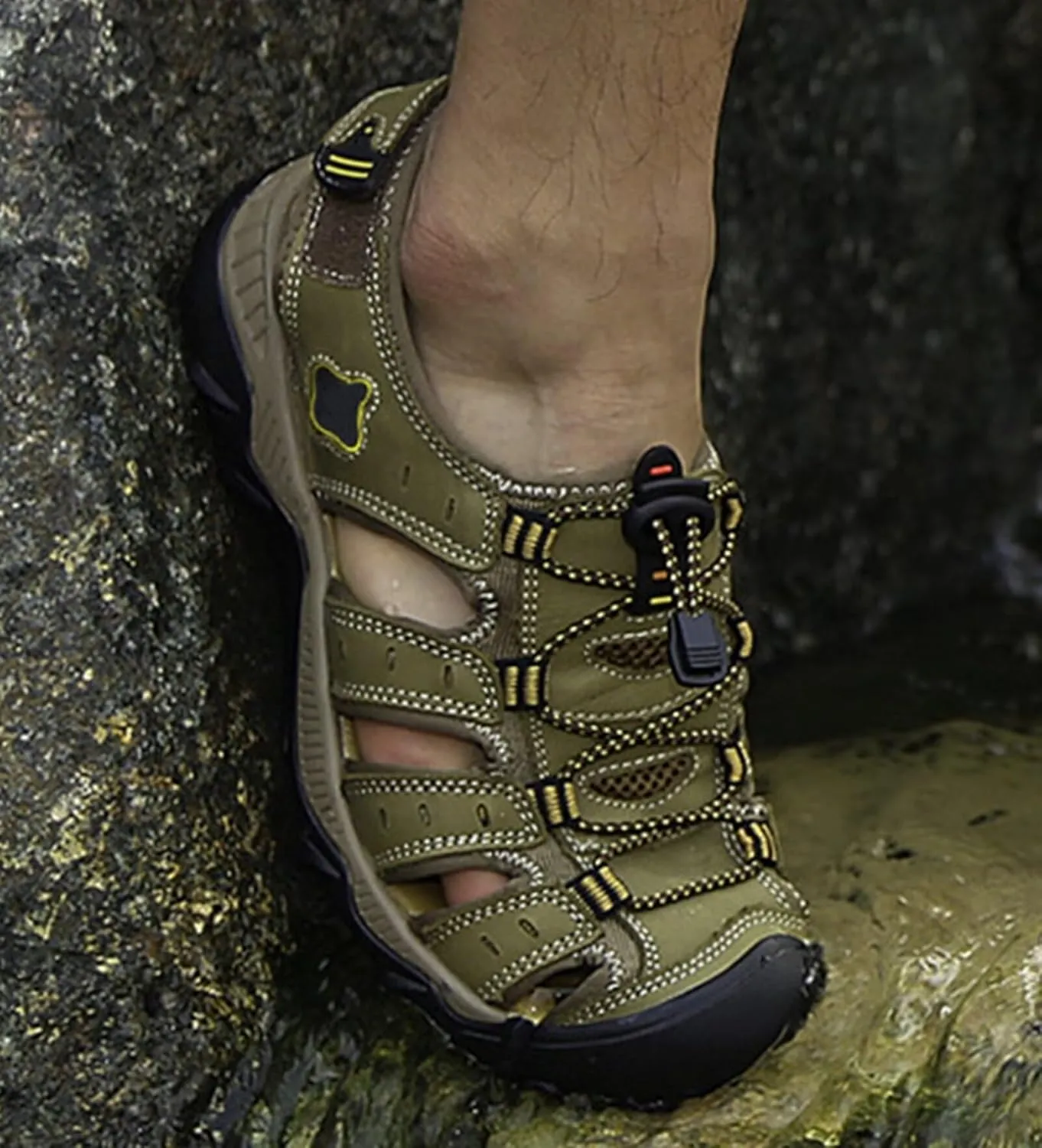 Men's Leather Sports Hiking Sandals Adjustable Casual Athletic Fisherman Beach Sandals Closed Toe Sandals Summer