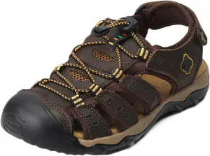 Men's Leather Sports Hiking Sandals Adjustable Casual Athletic Fisherman Beach Sandals Closed Toe Sandals Summer