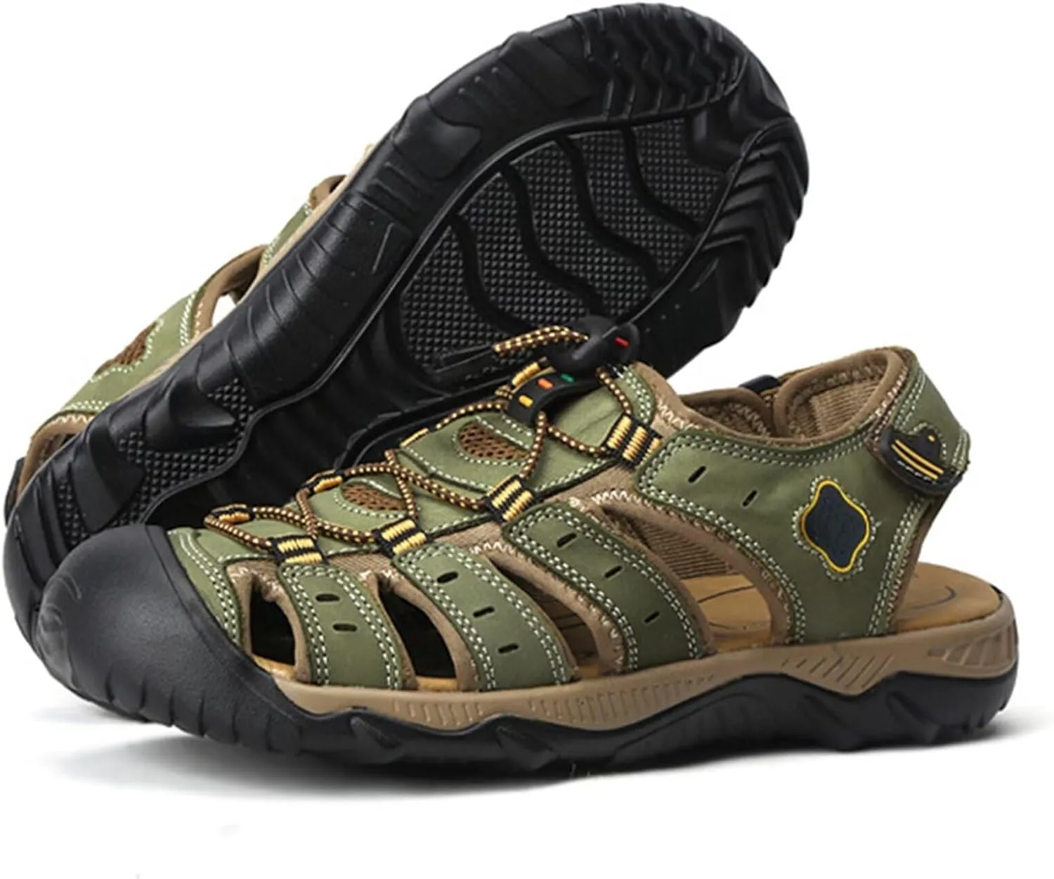 Men's Leather Sports Hiking Sandals Adjustable Casual Athletic Fisherman Beach Sandals Closed Toe Sandals Summer