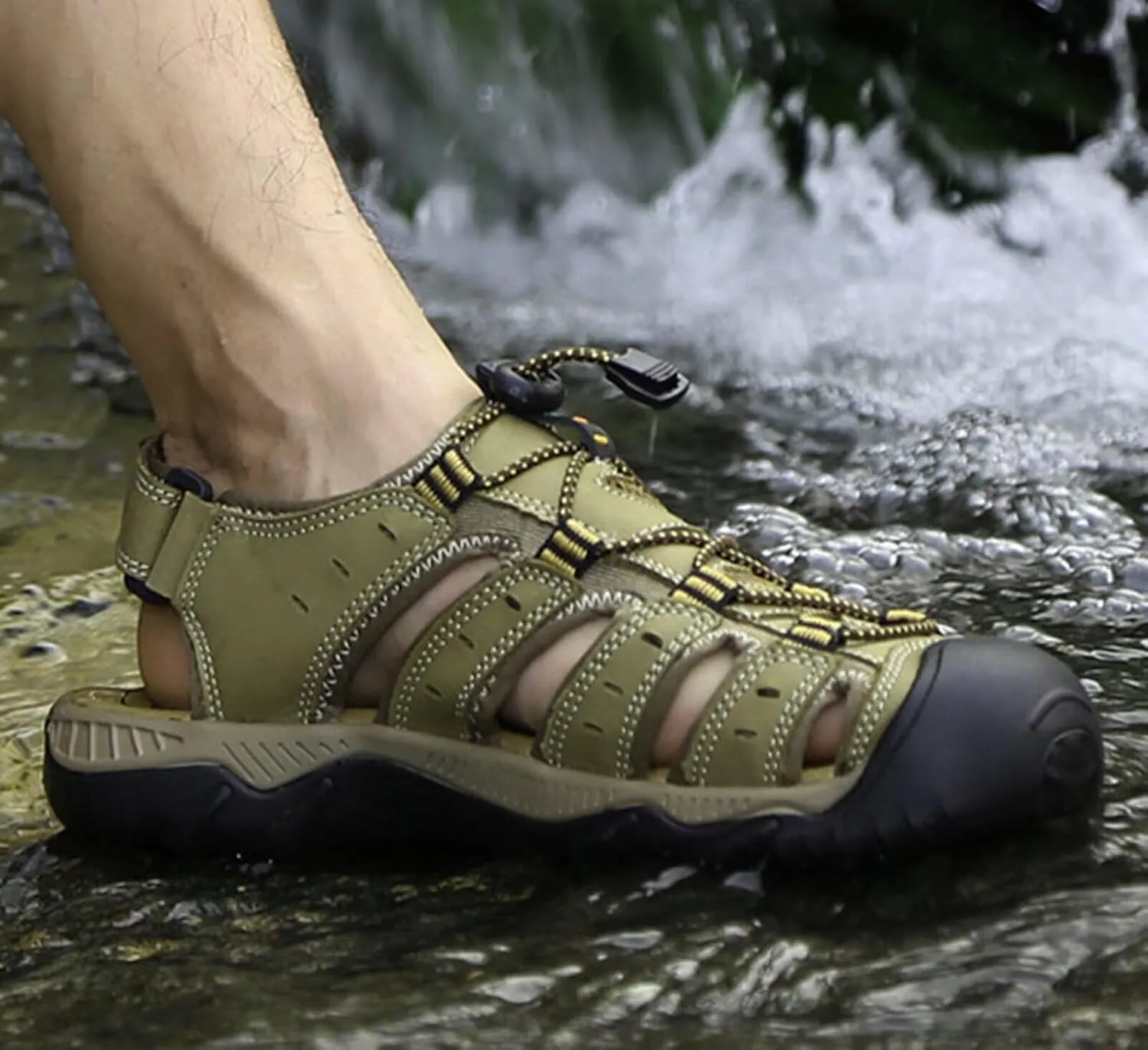 Men's Leather Sports Hiking Sandals Adjustable Casual Athletic Fisherman Beach Sandals Closed Toe Sandals Summer